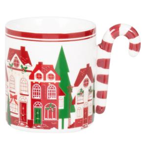 Taza navideña en gres blanco, rojo y verde