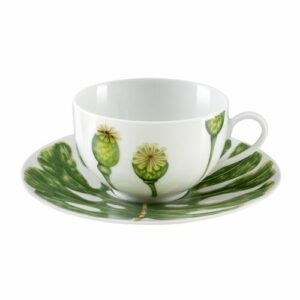 Taza té con platito (x6) porcelena blanco/verde