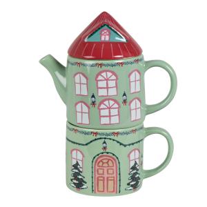 Taza y tetera de gres (0,4 l) con forma de casa navideña mu…