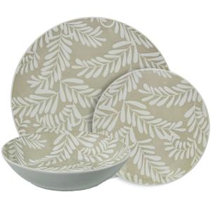 Vajilla 18 pzs porcelana beige hojas blancas