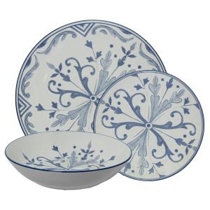 Vajilla 18 pzs porcelana blanco  deco. azul