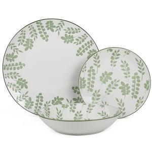 Vajilla 18 pzs porcelana blanco hojas verdes,plato llano: d…
