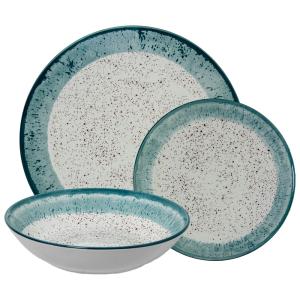 Vajilla 18 pzs porcelana deco. moteado borde azul