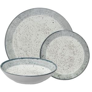 Vajilla 18 pzs porcelana deco. moteado borde gris