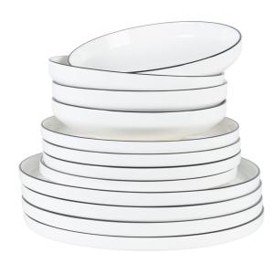 Vajilla de porcelana blanca con borde negro de 12 piezas
