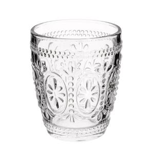 Vaso ancho de vidrio transparente con flores en relieve