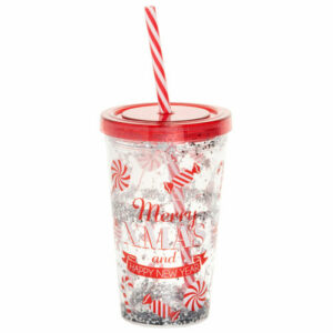 Vaso con pajita con motivos decorativos navideños en rojo y…