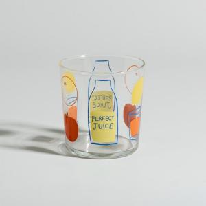 Vaso de vidrio transparente con dibujos multicolor