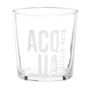 Vaso de vidrio transparente con letras blancas