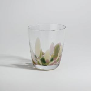 Vaso de vidrio transparente con motivo rosa, verde y beige