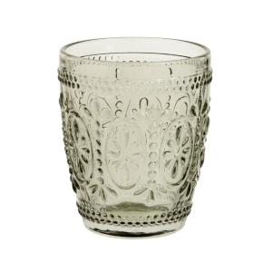 Vaso de vidrio verde con flores en relieve