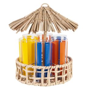 Vasos en vidrio azul, amarillo y naranja (x6) con soporte d…