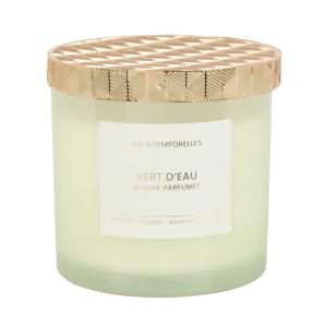 Vela perfumada en tarro de vidrio azul y tapa de metal dora…