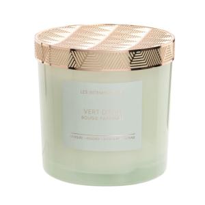 Vela perfumada en tarro de vidrio tintado verde con metal d…