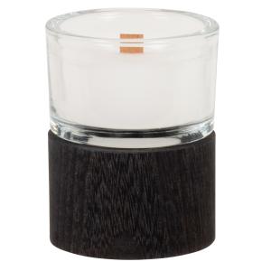 Vela perfumada en tarro vidrio transparente y madera negra