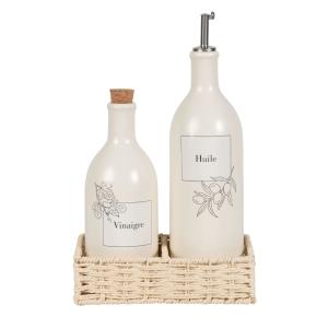 Vinagrera y aceitera de cerámica blanca y soporte de sauce…