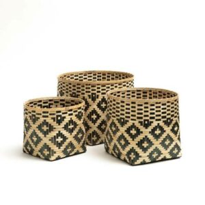 Lote de 3 cestas de bambú trenzado, Chicasaw