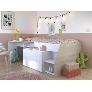 Cama con escritorio y compartimentos - 90x200cm - Blanco y…