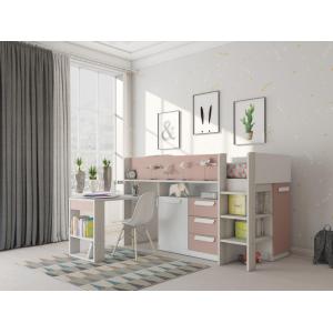 Cama 90 x 200 cm - Con escritorio y compartimentos - Rosa n…