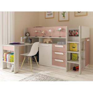 Cama 90 x 200 cm - Con escritorio y compartimentos - Rosa n…
