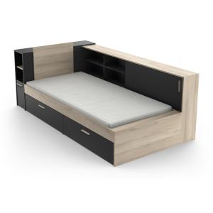 Cama modular 90 x 190/200 con compartimentos - Negro y natu…