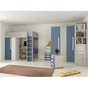Cama alta 90 x 200 con armario y escritorio - Azul y blanco…
