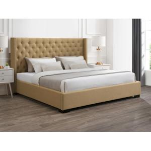 Cama 200 x 200 cm con cabecero acolchado - Tela - Beige - M…