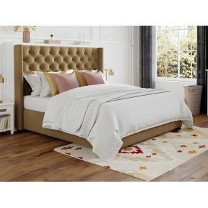 Cama con cabecero capitoné - 140 x 200 cm - Tela - Beige -…