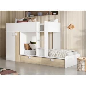 Cama tren con armario - 2 x 90 x 190 cm - Blanco y natural…