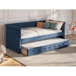 Cama nido capitoné LOUISE - 2x90x190cm - Tela azul