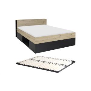 Cama 140 x 190 cm - 3 cajones y 6 estantes - Natural y negr…