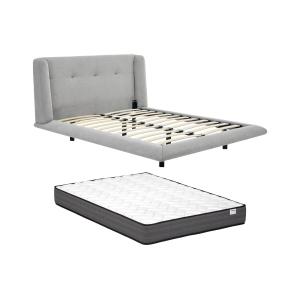 Cama 140 x 190 cm con cabecero capitoné - Tela - Gris claro…