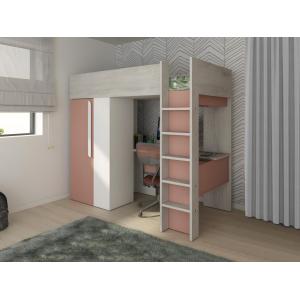 Cama alta 90 x 200 cm - con armario y escritorio - Rosa y b…