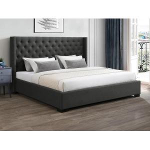 Cama 200 x 200 cm con cabecero acolchado - Tela - Gris - MA…