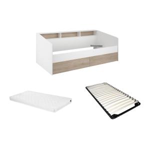 Cama 90 x 190/200 cm con almacenamiento - Blanco y natural…