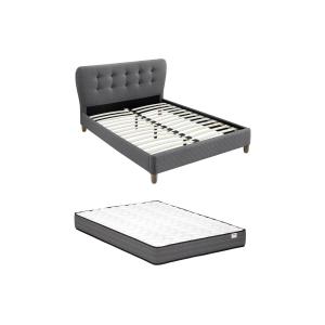 Cama 140 x 190 cm con cabecero capitoné - Tela - Gris   col…