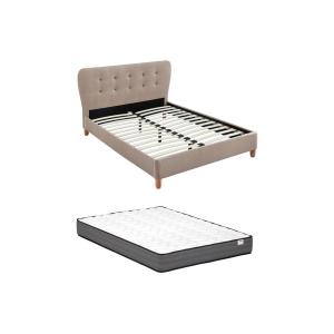 Cama 140 x 190 cm con cabecero capitoné - Tela - Beige   co…