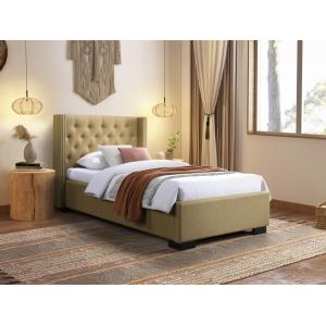 Cama 90 x 200 cm con cabecero tapizado - Tela - Beige   Col…