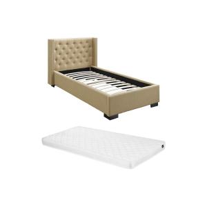 Cama 90 x 200 cm con cabecero tapizado - Tela - Beige   Col…