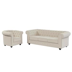 Sofá de 3 plazas y sillón de tela beige CHESTERFIELD
