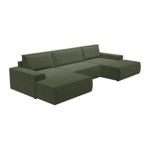 Gran sofá cama rinconero panorámico de tela verde AMELIA