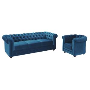 Sofá 3 plazas y sillón de terciopelo CHESTERFIELD - verde a…