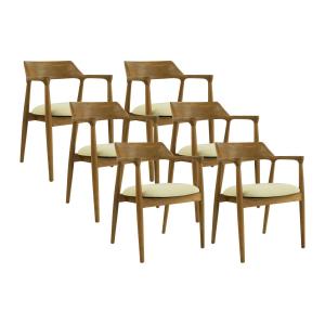 Juego de 6 sillas con brazos de teca y tela - Natural y cre…