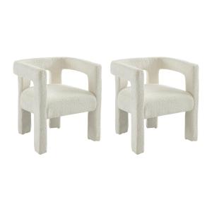 Juego de 2 sillas con brazos de tela rizada y metal - Blanc…