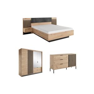 Conjunto de cama con mesitas de noche 160 x 200 cm   Cómoda…