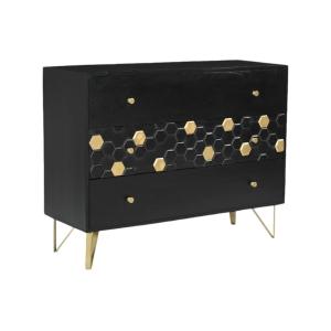 Cómoda 3 cajones - Madera de mango y metal - Negro y dorado…