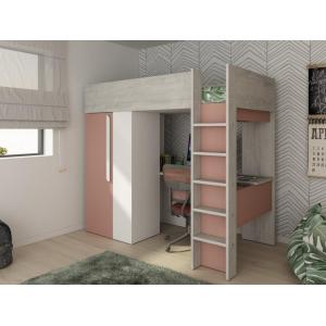 Cama alta 90 x 200 cm - con armario y escritorio - Rosa y b…