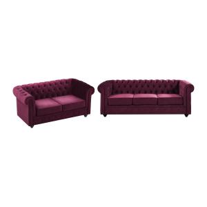 Sofás Chesterfield de terciopelo morado de 3 plazas y 2 pla…