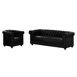 Sofá 3 plazas y sillón CHESTERFIELD - Piel sintética - Negr…