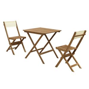 Comedor de jardín de acacia: 1 mesa y 2 sillas plegables bl…